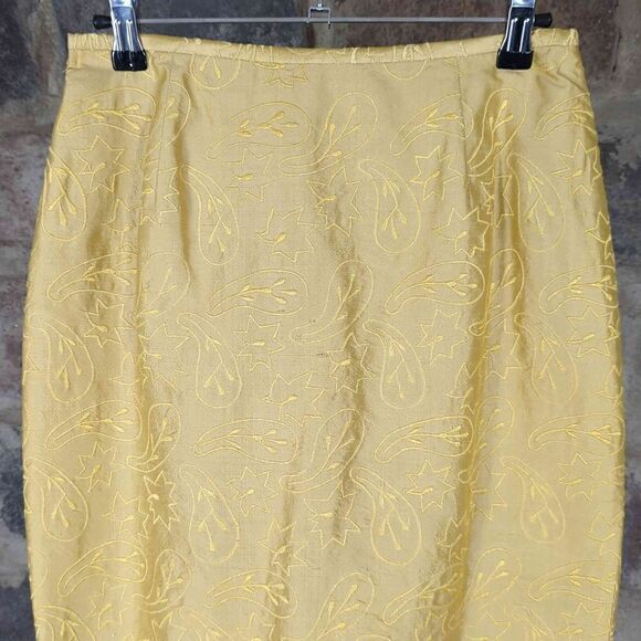 𝅺lafayette 148 Gold Brocade Fringe Silk Skirt Woman's Size 6 Knee‎ Length - Picture 3 of 14